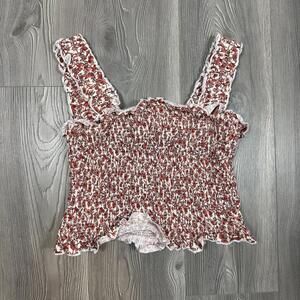 Moodie‎ Pink Burgundy Floral Smocked Crop Top with Ruffle Hems